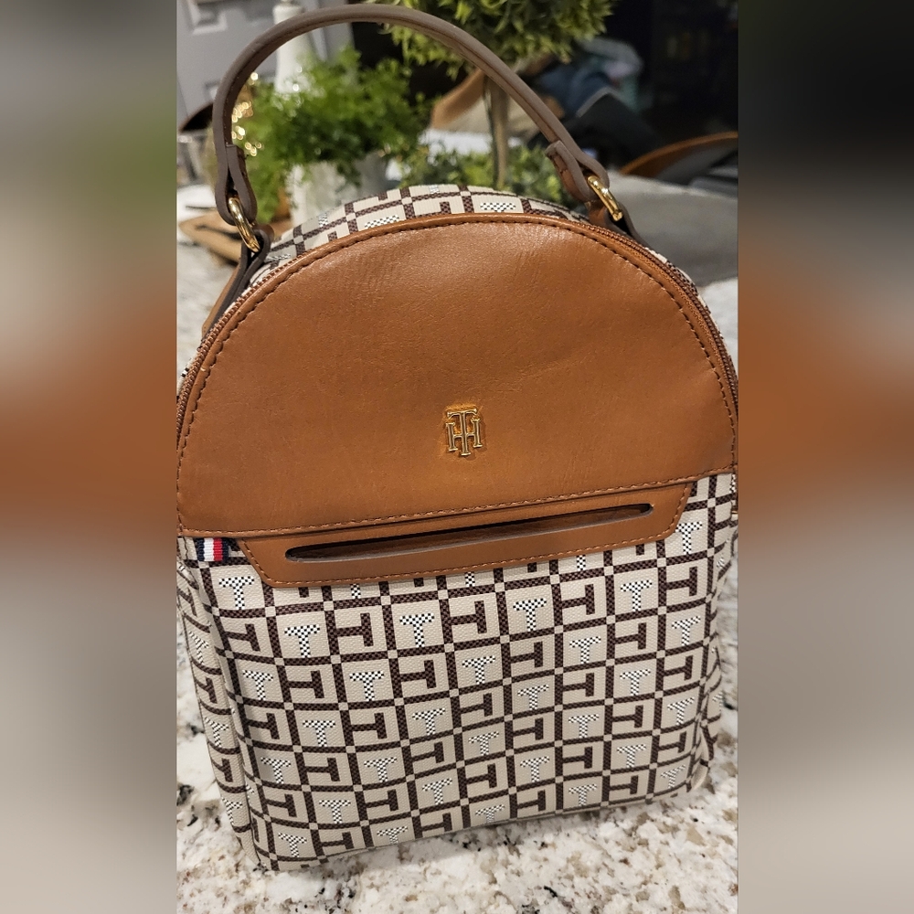 Tommy Hilfiger Tan and White Patterned Small Backpack 10" High EUC
